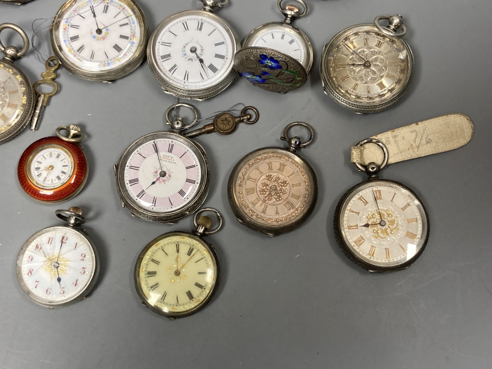 Fifteen assorted early to mid 20th century white metal fob and pocket watches including four with enamel (a.f).